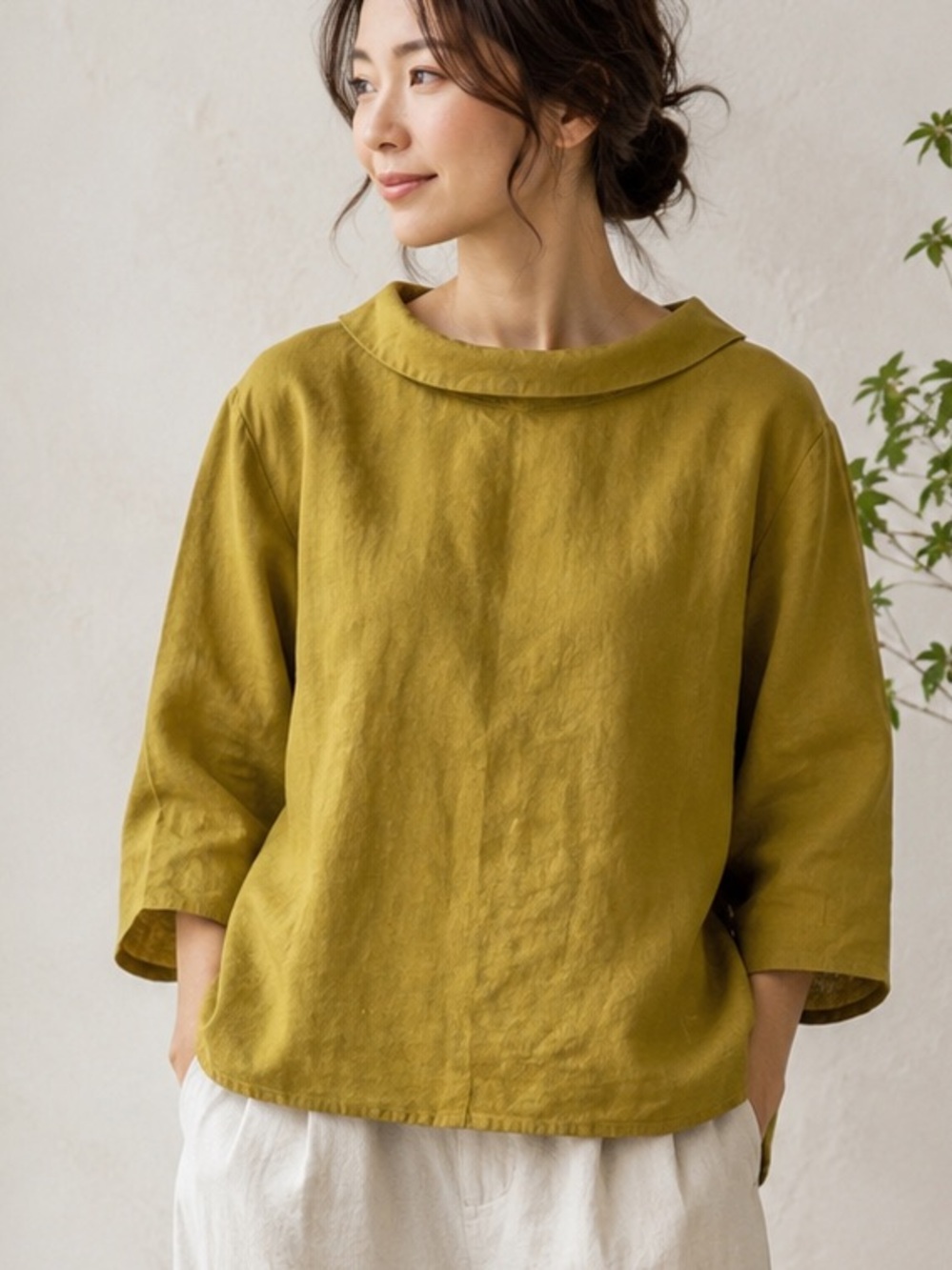 Japanese Olive Mustard 100% Linen Top US M Coastal Minimalist